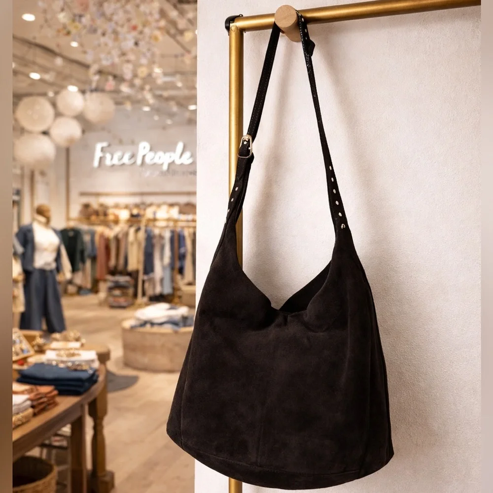 Free People Black Suede Studded Hobo Bag Large Boho Festival Slouchy Shoulder - Picture 2 of 10